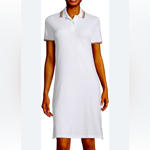 Lands' End Womens SS Mesh Cotton Dress White Rainbow Multi Regular Medium - Picture 1 of 5